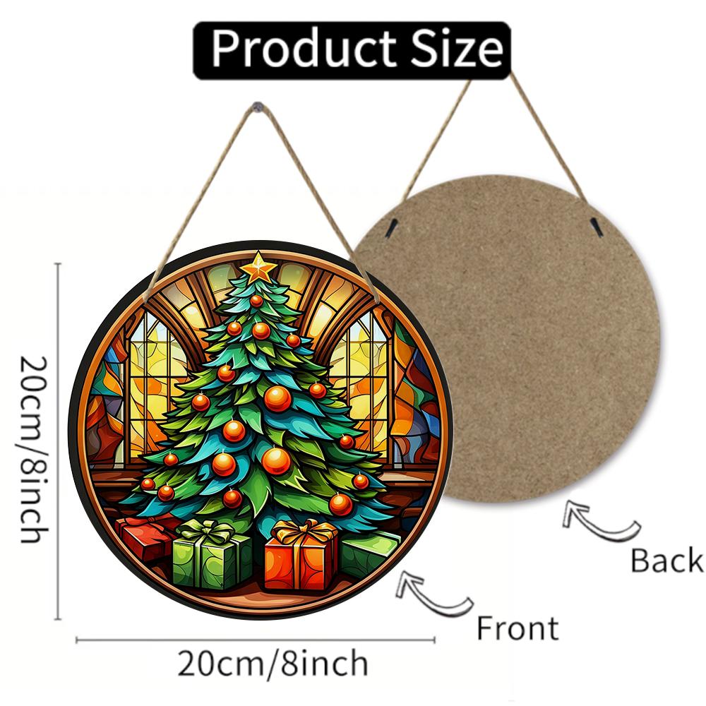 Stained glass style Christmas tree pattern round wooden hanging plaque artistic wall art ornament indoor home festive holiday party decoration