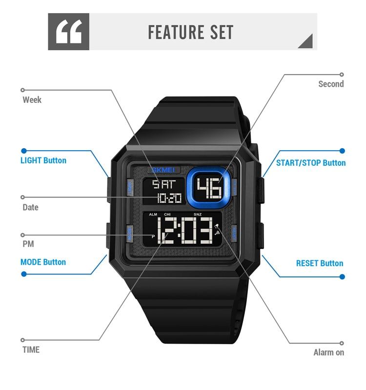 Skmei Уличные военные спортивные часы, мужские цифровые наручные часы с обратным отсчетом и светодиодной подсветкой, 5 бар, водонепроницаемый будильник, reloj hombre