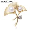 Gold Ginkgo Biloba Pearl Pins Women's Brooch for Coat Suit Hijab Pins New Year Gift