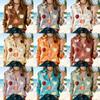 Women Satin Cartoon Apple Fruit Print Shirt Long Sleeve Lapel Button Down Blouse Beach Casual Office Ladies Multi Color Top