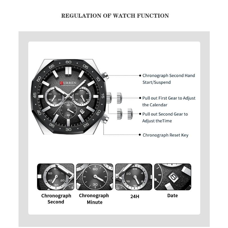 CURREN Мужские спортивные часы-хронограф с черным силиконовым ремешком, автоматической датой, люминесцентными стрелками, кварцевые часы для мужчин