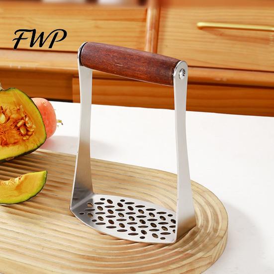 Easy Clean Food Crusher Stainless Steel Potato Masher, Wooden Handle Press for Baby Non Slip Grip Masher Puree, Manual Crusher, Kitchen Gadget Mashed