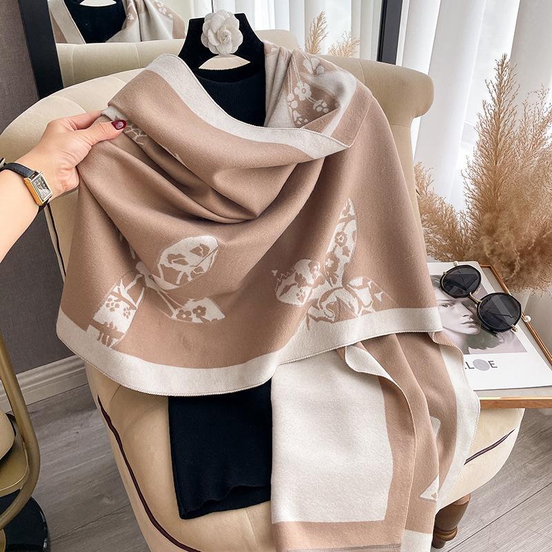 Double-Sided Flower Print Scarf Femininity Thickened High-End Warm Office Shawl Cape