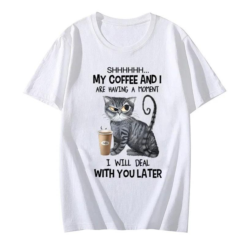 Coffee Cat Print Women Clothes Angry Cat Lover Female Tops Tee Tshirt Fashion Anime Cartoon Tees Ladies Graphic T-Shirt Y2k Tops