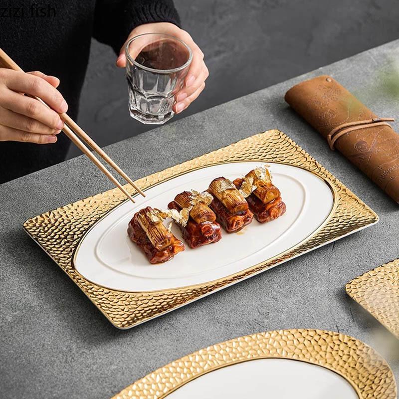 Gold-plated Wood Grain Ceramic Dinner Plate Dessert Plate Sushi Plate Snack Plates Molecular Cuisine Specialty Tableware