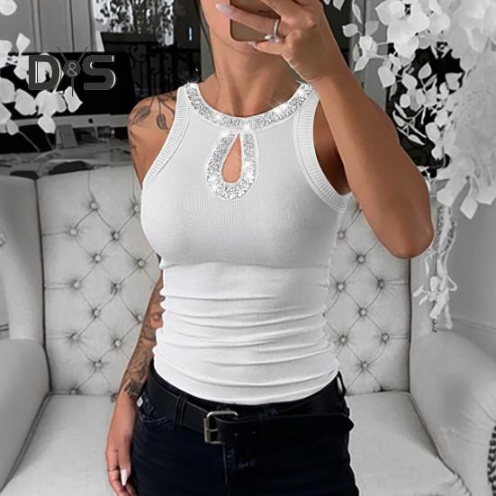 Женский жилет с круглым вырезом без рукавов, блестящие блестящие украшения, топы, ажурный дизайн, облегающий топ, повседневная одежда