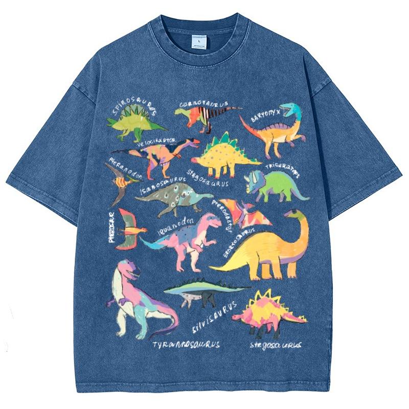 Color Cartoon Dinosaur Print Ladies T-Shirt Oversized Loose Wash Solid Color Short Sleeve American Retro Top
