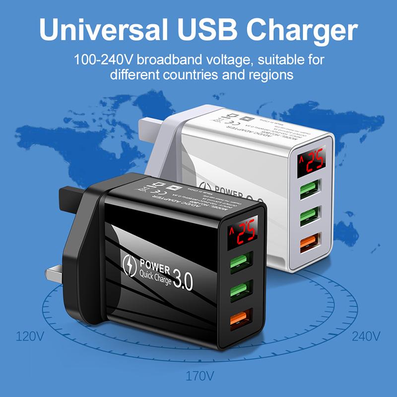 30 Вт, быстрая зарядка 3,0, светодиодный дисплей, 3 порта, USB-зарядное устройство для телефона, быстрая зарядка для iPhone 12 Pro, Samsung S20, зарядные устройства, настенный адаптер европейского стандарта