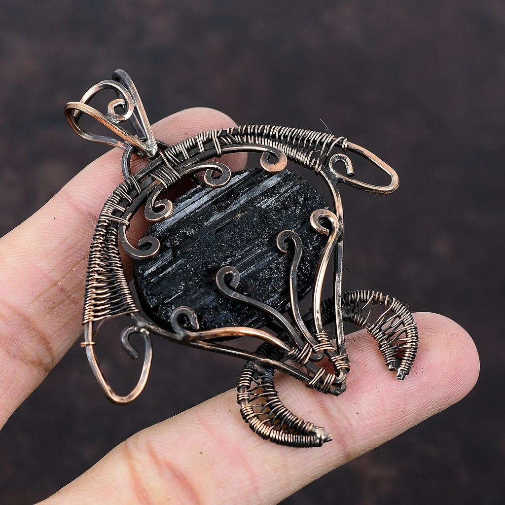 Черный турмалин грубый кулон медная проволока обернутый драгоценный камень кулон ручной работы черепаха кулон медная проволока обернутый ювелирный подарок на годовщину