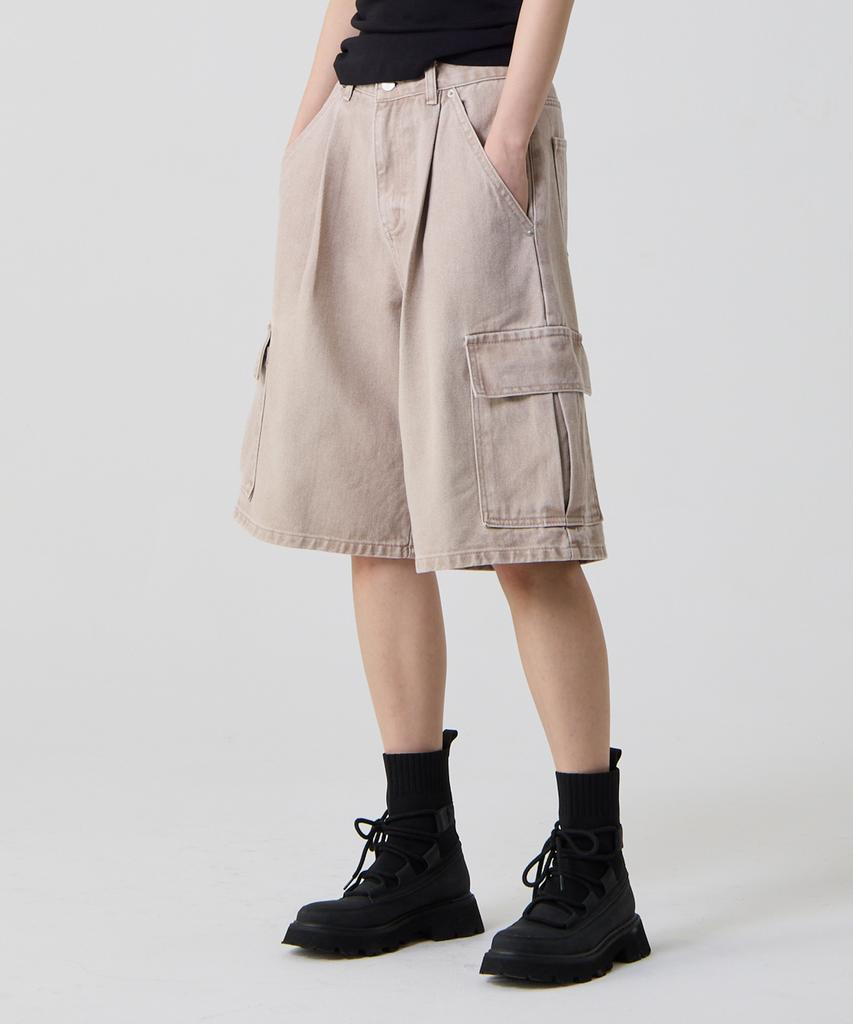 UNKNOWN PLANET Bermuda Wide One-Pleat Washed Cargo Shorts Vintage Beige