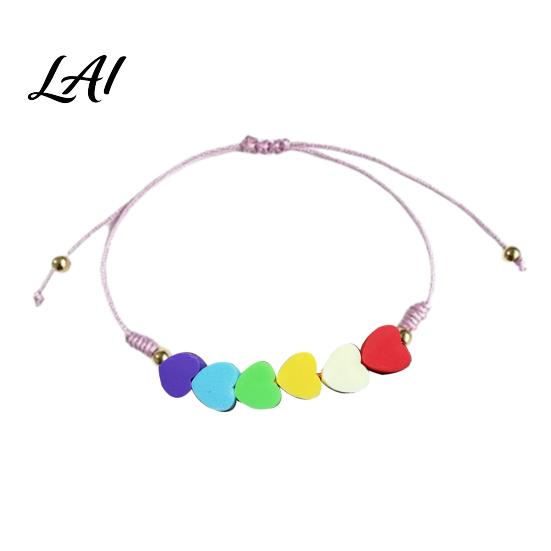 Adjustable Heart Bracelet Colorful Hearts Bracelet Handmade Braided Cord String Boho Style Woven Shaped Clay Beads Jewelry for Women Girls