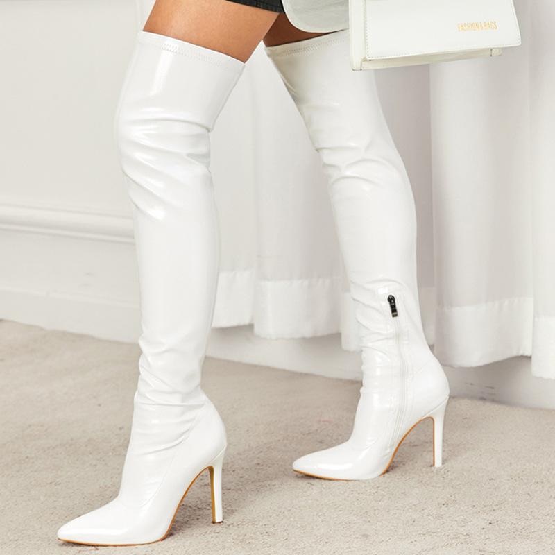 Кожаные сапоги на высоком каблуке из мягкой лакированной кожи, с внутренней молнией, модные, для улицы, эластичные, с острым носком, ботфорты