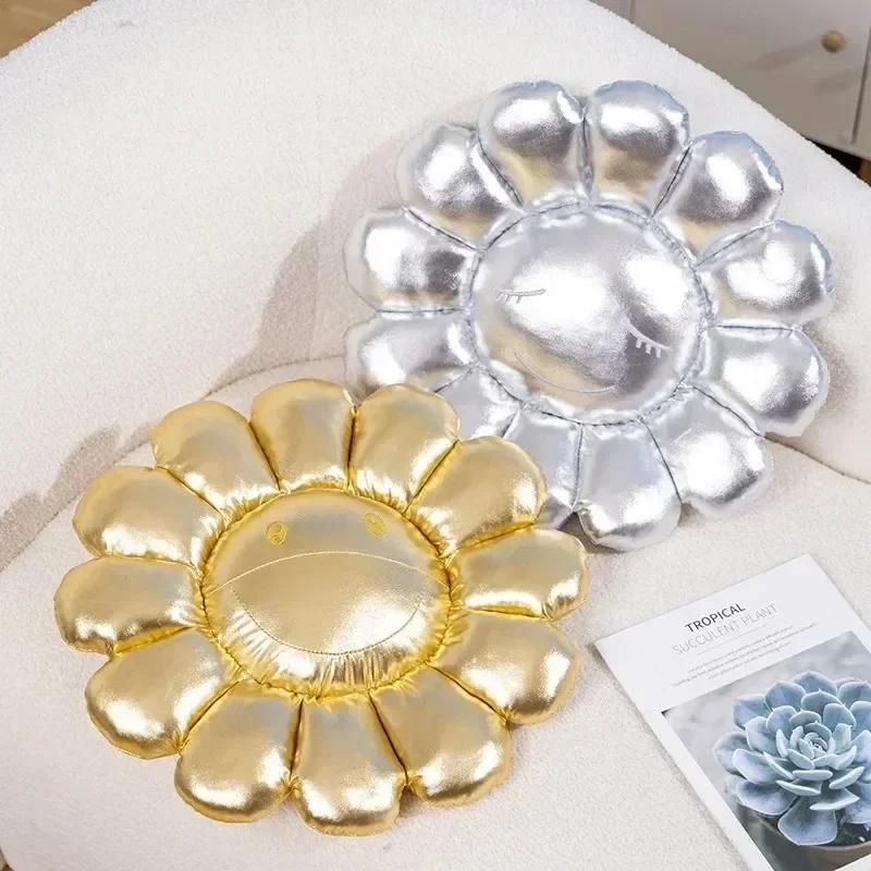 Silver Flower Cushion,Sunflower Plush Pillows for Bedroom Aesthetic, Soft Smiley Face Pillow Flower Floor Cushion