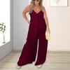 Women Jumpsuit Deep V Neck Backless Wide Pure Leg Loose Sleeveless Color Pleated Spaghetti Strap Casual Vacation Beach