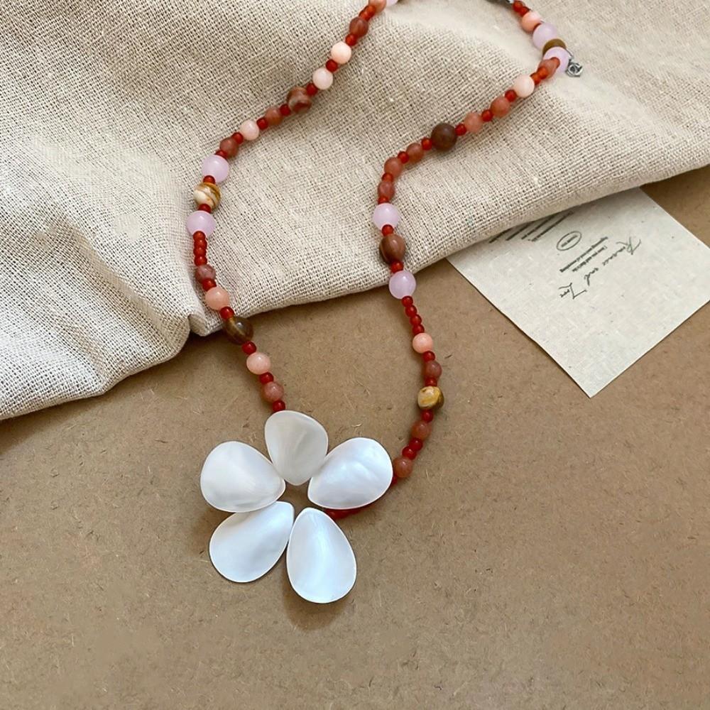 Beaded Shell Flower Necklace Boho Ocean Style Neck Chain Childishness Stone Pendant Necklace  Party