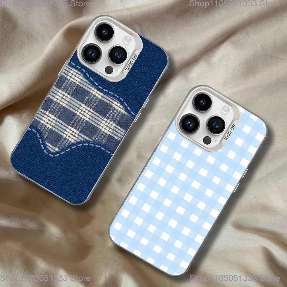 Корейский Ins Чехол для телефона в синюю полоску и клетку для iPhone 17,16,15,14,13,12,Pro,XS,Max,Plus,Mini,SE Белый Конфетный Матовый Ударопрочный Чехол