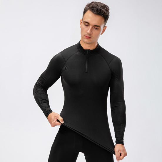 Осень Зима Мужской Термотоп Плюшевая Подкладка Застежка-молния Воротник-стойка Рубашка с Длинным Рукавом Приталенный Эластичный Повседневный Однотонный Теплый Базовый Слой для Холодной Погоды