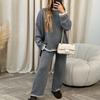 Women Striped Knit Sweater Wide Leg Pants Set Split Pullover Tops Elastic High Waist Straight Pants Two Piece Set Lounge Wear