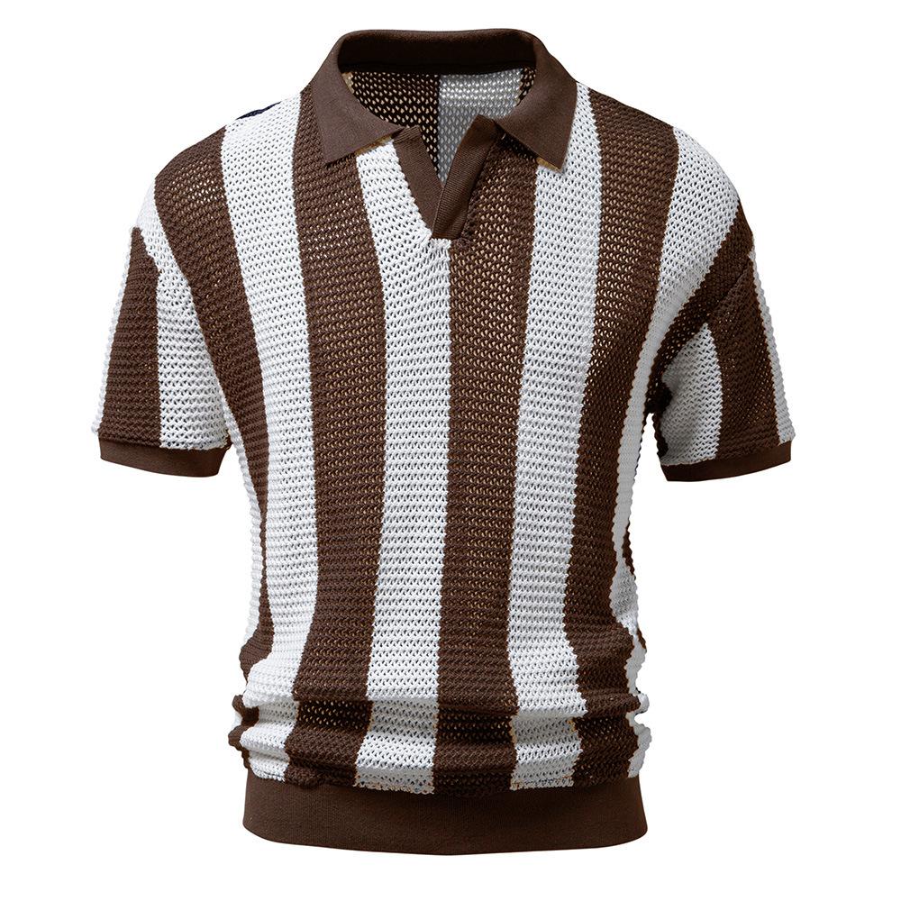 European and American Style Men's Summer Hollow Mesh Polo Shirt Fashion Striped Short Sleeves Net T-Shirt