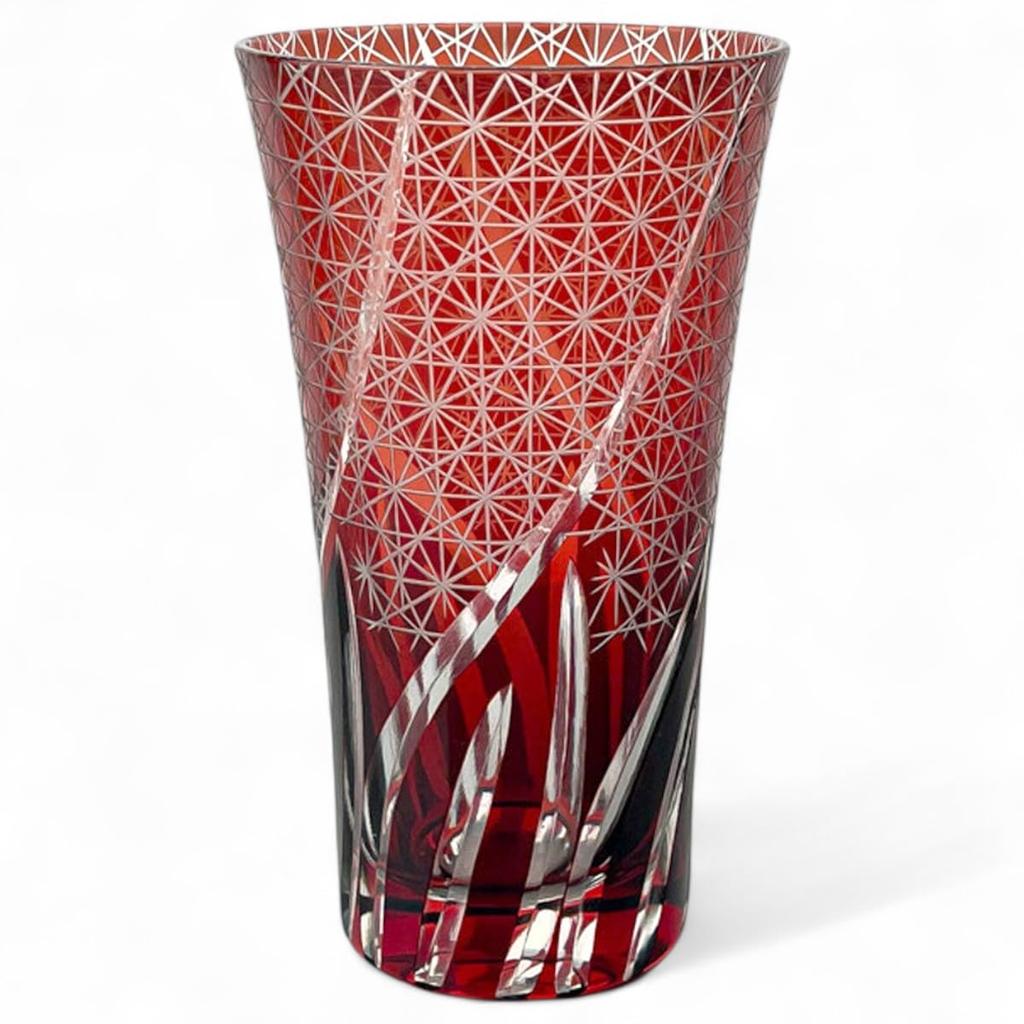 Mizukage Kiriko Glass x Ranbori Komon Bishou J-kitchens Cup, Long, 8.6 14.8cm, 400cc, (Small Pattern), Red, (Current Model)