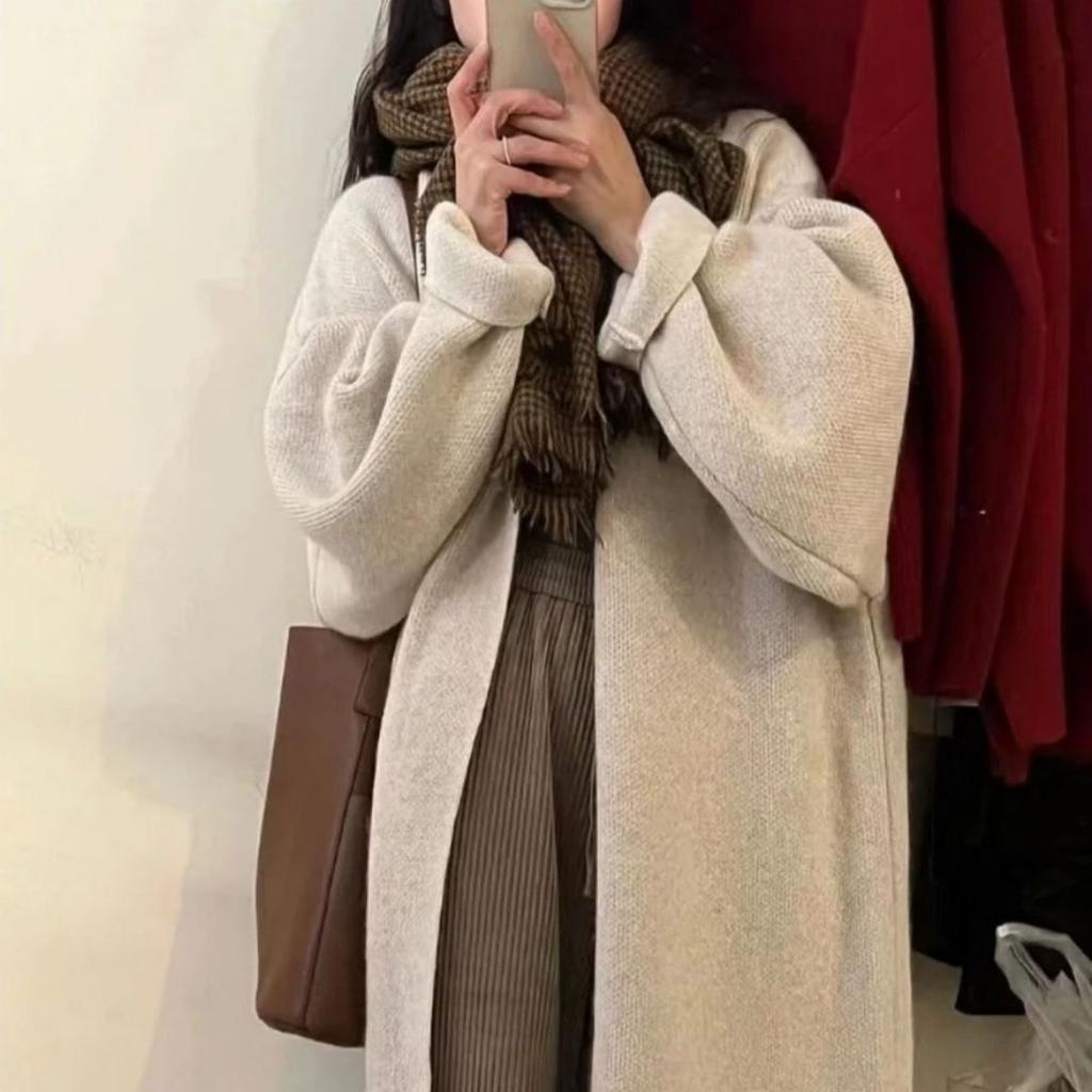 Ladies' Autumn and Winter Lazy Style Soft and Sticky Design Sense Solid Color Retro Long Sweater Jacket Knitted Cardigan Coat for Women