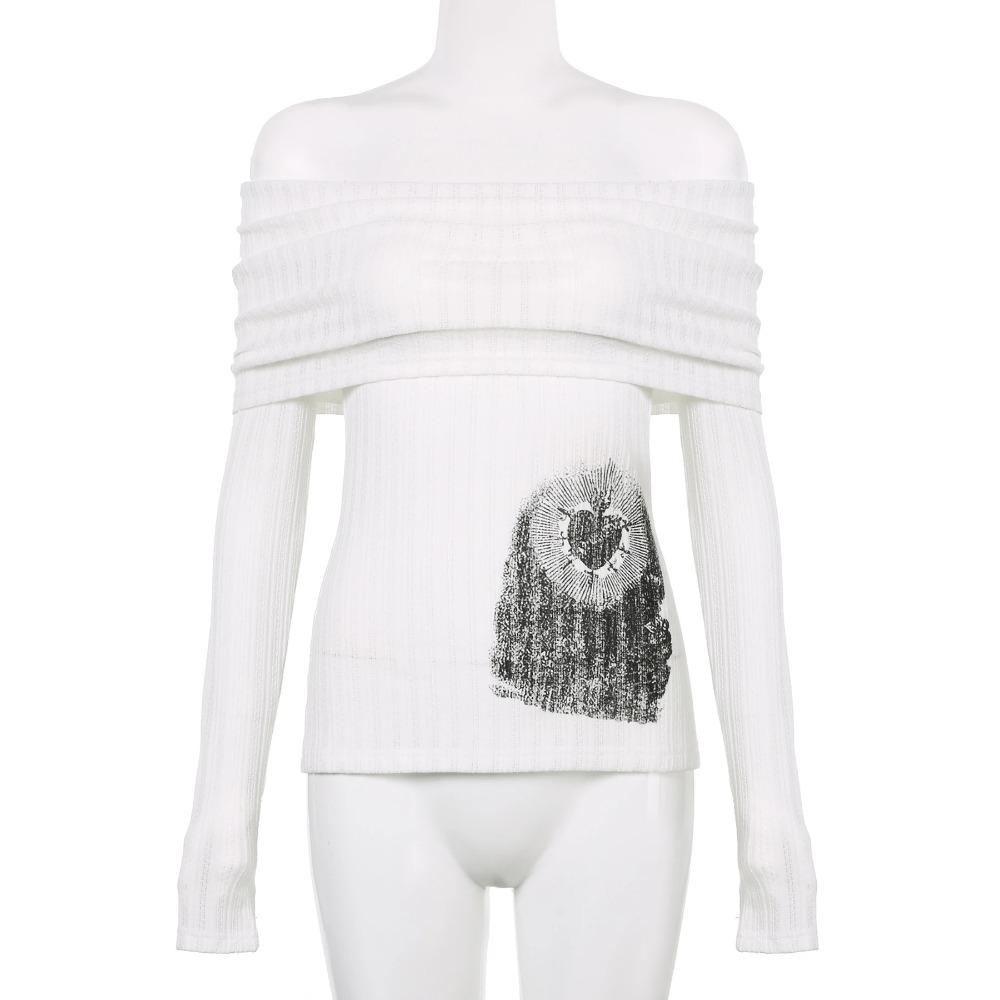 Прозрачная темная футболка с принтом Повседневная футболка с разрезом по горловине и длинным рукавом Женская мода Уличная одежда для женщин