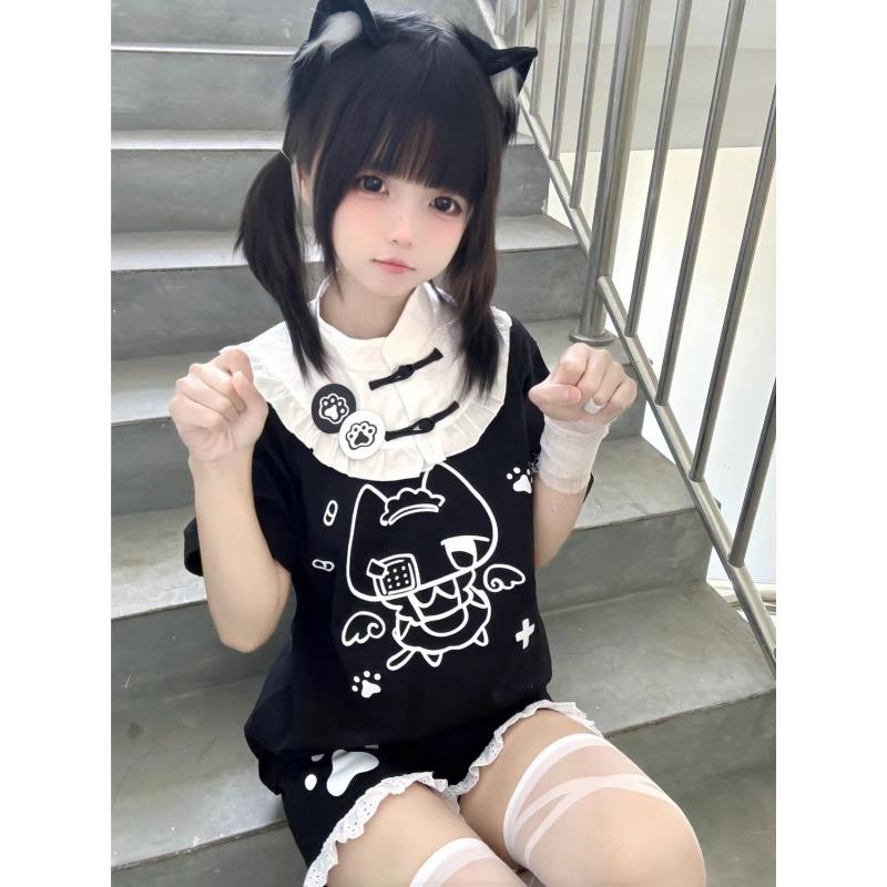 Японские кавайные кошачьи мультяшные милые топы в стиле Лолиты Y2k эстетичные кружевные укороченные футболки в стиле пэчворк гранж контрастные цвета винтажные футболки с изображением фей