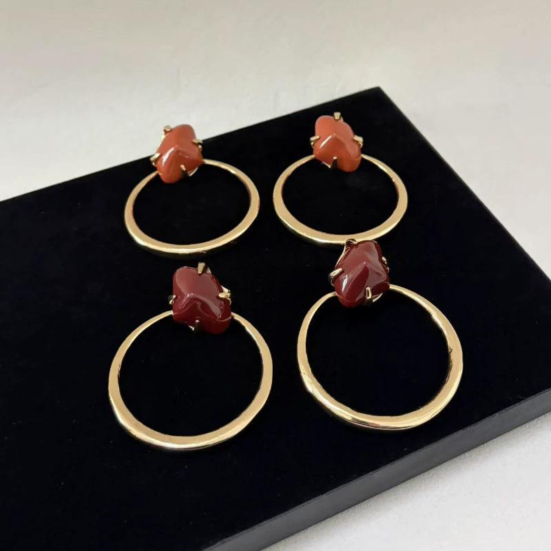 Retro Exaggerated Circular Earrings Set With Irregular Resin Gemstones Simple Earrings Fashionable Ladies' Jewelry Accessories
