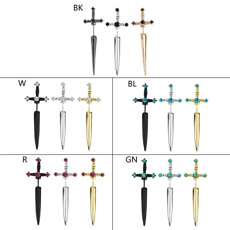 Novel Punk Multicolor Crystal Dagger- Earrings Metal Sword- Handle Studs Earrings for Women Girls Halloween Jewelry Gift