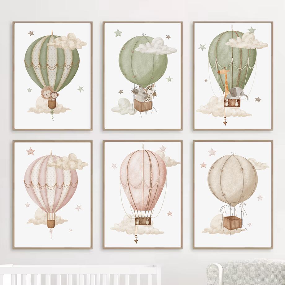 Monkey Lion Poster and Print Canvas Painting Wall Art Picture for Kids Room Nursery Decor Watercolor Hot Air Balloon Animal