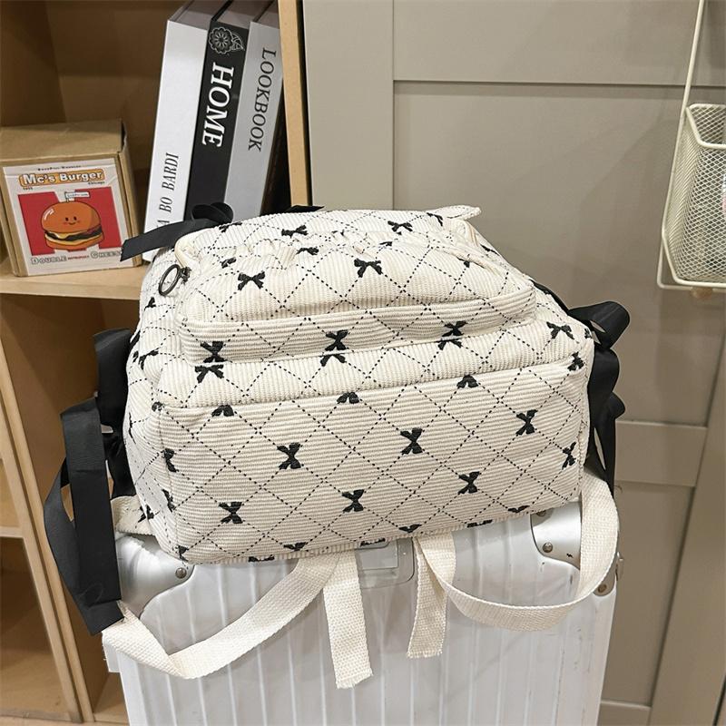 Вельветовый рюкзак большой вместимости с принтом бантика, студенческий школьный рюкзак