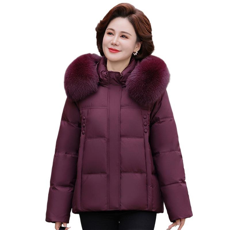 Premium Winter Hooded Short Down Jacket for Middle-aged and Elderly Women with Fox Fur Collar