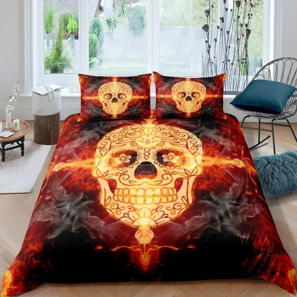 Black Blue Flame Skull Duvet Cover Set Full Size 3D Skeleton Bones Bedding Set Gothic Comforter Cover Horror Skull Quilt Cover