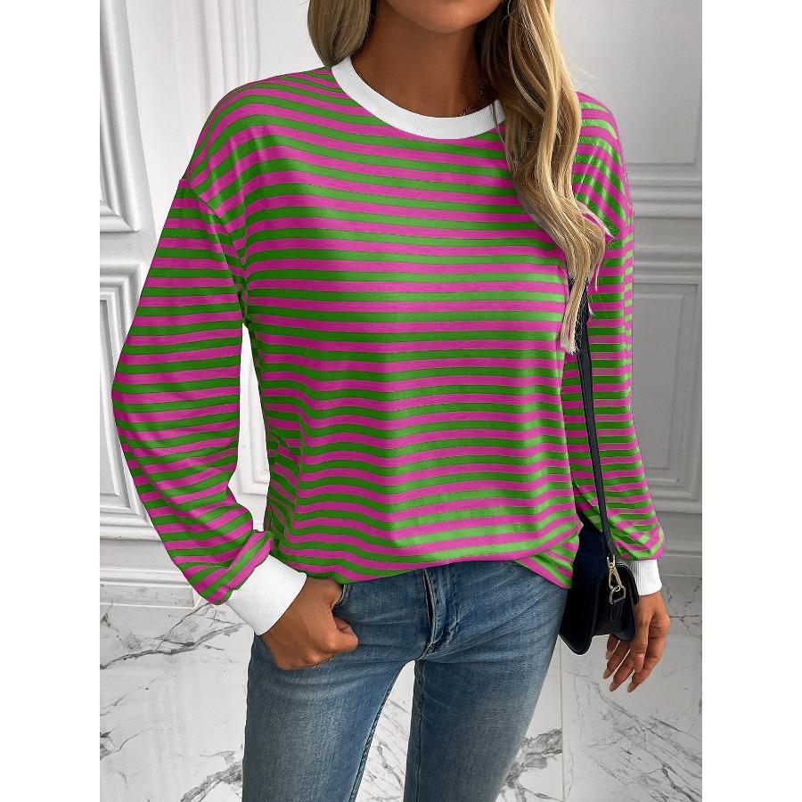 Striped T-Shirts Women’s Loose Long Sleeve Pullover Round Neck T-shirt Top