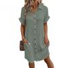 Women Button Down Shirt Dress Short Sleeve V Neck Long Blouse Loose Knee Length Midi Dress with Pocket