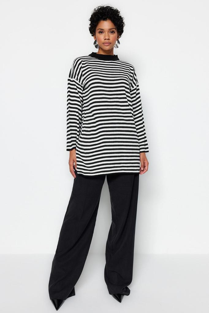 Женский модный стильный свитер в хиджабе, черный полосатый трикотажный свитер