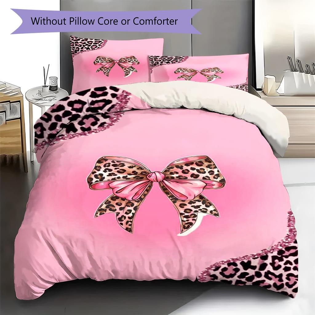 Pink Bowknot Leopard Pattern Bedding Quilt Set Quilt Cover Pillowcase Home Decoration Gift (1 * duvet cover + 2 * pillowcase, without core)