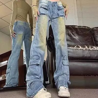 Джинсы American Jeans с градиентом с высокой талией Новая женская одежда Винтажные джинсовые брюки Прямые Модные Карманы Сшитые Свободные Брюки