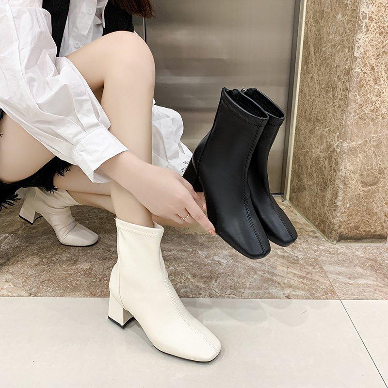 Женские однотонные модные туфли на высоком каблуке с застежкой-молнией сзади Модные ботинки Высокие ботинки Кожаные туфли Ботинки средней высоты Женская обувь