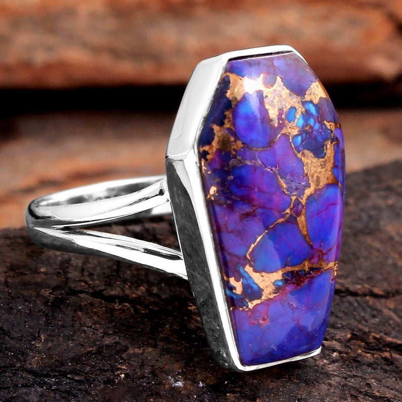 925 Sterling Silver Purple Copper Turquoise Handmade Coffin Unisex Ring Handmade Jewelry