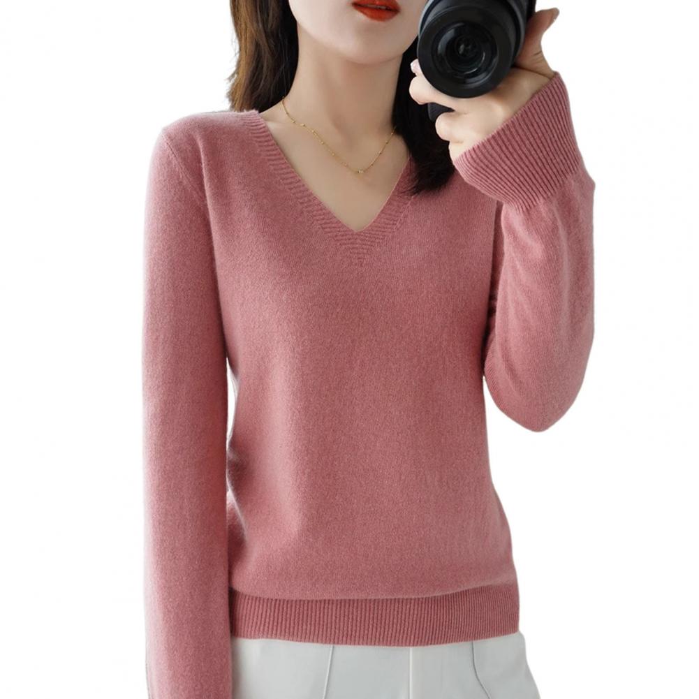 Long Sleeve Sweater Women's V-neck Knit Sweaters Stylish Long Sleeve Pullover Tops with Ribbed Trim for A Chic Elegant Look