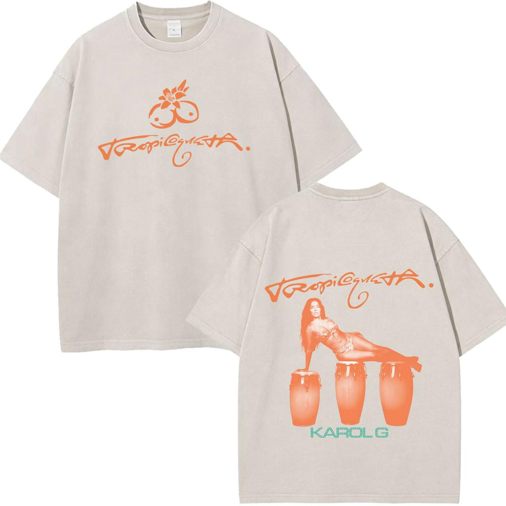 Karol G Viajando Por El Mundo Tropitour Graphics T Shirt Unisex Women Fashion Cotton Loose Casual Vintage Washed Tshirts Tops