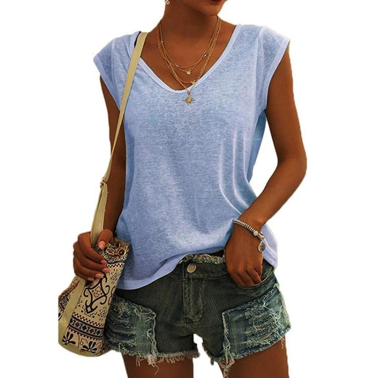 Женская повседневная футболка с V-образным вырезом, свободного кроя, однотонная, с рукавами-крылышками, блузка, майки