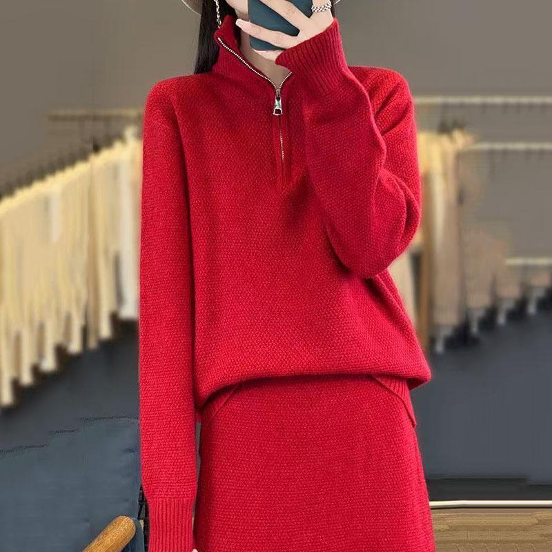 Вязаный комплект из двух частей на молнии с высоким воротником Осень/Зима 2025 с топом с длинными рукавами и юбкой выше колена