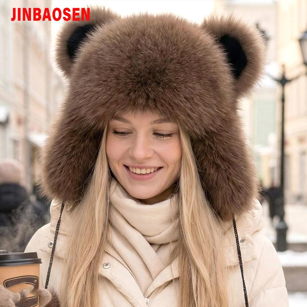 JERYAFUR Женская ушанка с кошачьими ушками, зимняя шапка-траппер, толстый искусственный мех, помпон, теплая, милая, для холодных снежных дней