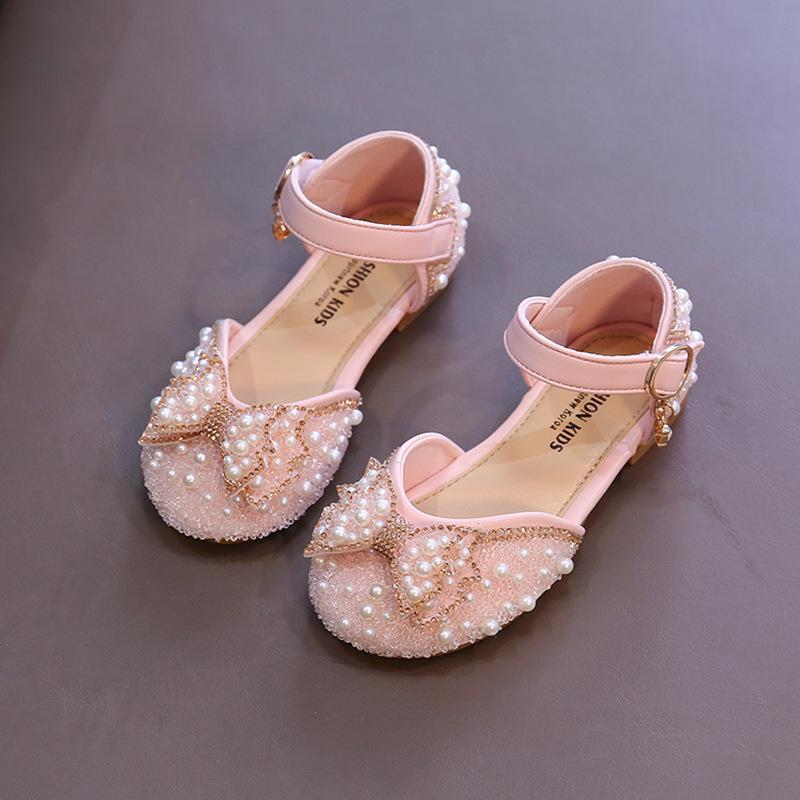 Girls Sandals Fashion Princess Shoes Spring Summer Bling Pearl Sequins Flat Sandals Simple Children Shoes Party Wedding I03201
