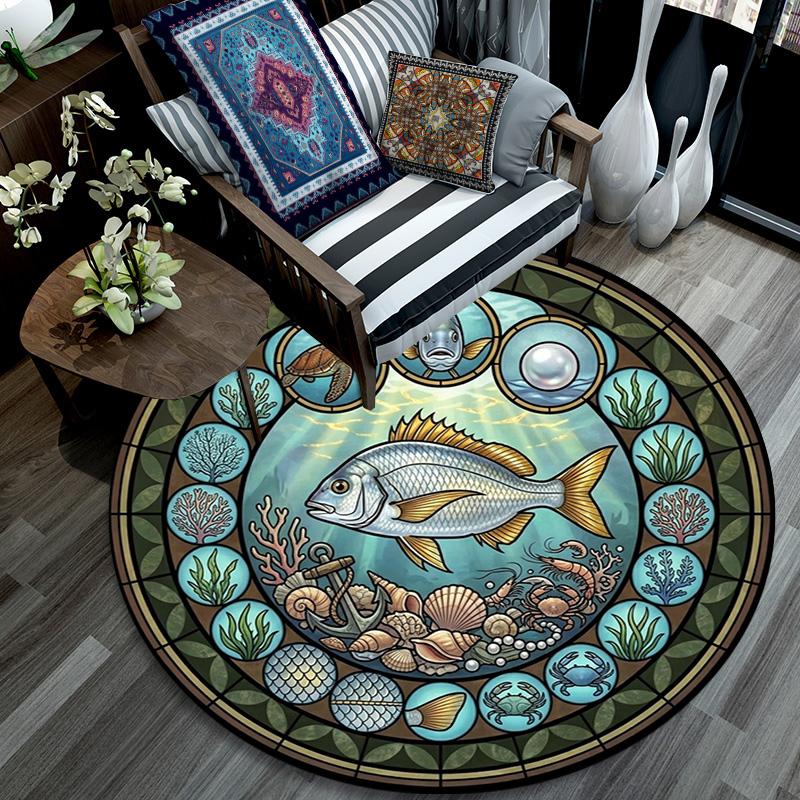 Ocean Life Symbols Round Area Rug Under Office Chairs Bedroom Living Room Home Decor