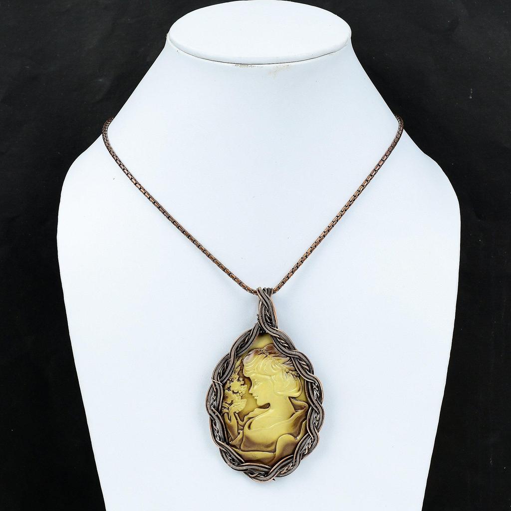 Cameo Lady Craved Face Gemstone Медная проволока Wrap Handmade Pendant Jewelry Gift