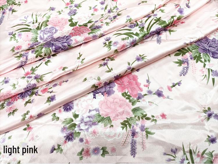 Floral Satin Print Cheongsam Pajamas with Ribbon Headdress and Lantern Kimono Quilt Fabric