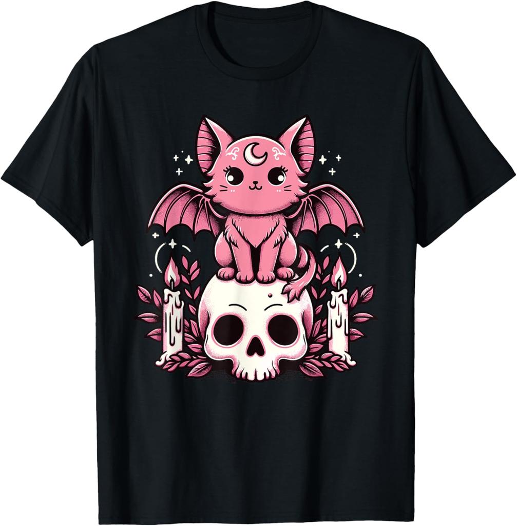 Kawaii Pastel Goth Cute Creepy Cat Bat Skeleton T-Shirt Print Original Design Gifts T Shirts Mens Clothing Camisas Streetwear